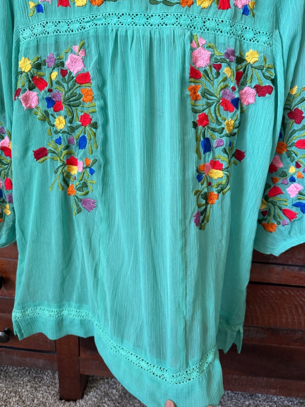 Embroidered Teal Boho Tunic Top with Floral Accents - Picture 2 of 6